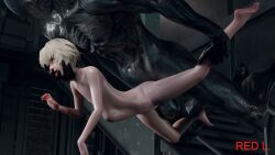 1girl 3d ahegao artist_name blue_eyes colored_skin completely_nude floating grey_skin hand_on_another&#039;s_chin highres loli monster nier nier_(series) nude outlast realistic red_l shiny_skin short_hair stomach_bulge vaginal walrider white_hair yonah