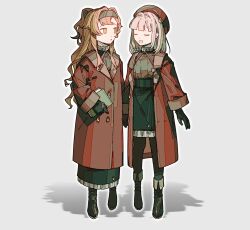 Rule 34 | 2girls, black footwear, black gloves, black hairband, black headwear, black pantyhose, black skirt, book, brown eyes, closed eyes, coat, commentary, full body, gloves, grey background, grey hair, grey shirt, hairband, highres, holding, holding book, holding hands, ligne claire, long hair, long sleeves, multiple girls, open clothes, open coat, open mouth, orange hair, pantyhose, parted lips, red coat, reverse:1999, shadow, shirt, simple background, skirt, sonetto (reverse:1999), symbol-only commentary, two side up, vertin (reverse:1999), zhizhizi
