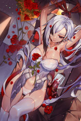 Rule 34 | 1girl, arlecchino (genshin impact), bdsm, black eyes, black hair, black hands, black skin, bondage, bound, breasts, colored extremities, colored skin, genshin impact, gradient skin, hair between eyes, highres, large breasts, long hair, looking at viewer, multicolored hair, multicolored skin, orange sekaii, panties, red pupils, solo, streaked hair, symbol-shaped pupils, thighhighs, underwear, white hair, x-shaped pupils
