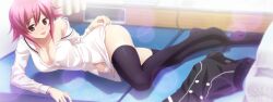 1girl ahoge bare_shoulders black_thighhighs black_vest blush bra bra_strap breasts buttons camper_trailer chaos;child chaos;child_love_chu_chu! cleavage collarbone double-breasted dress_vest frilled_bra frills game_cg hair_between_eyes hekiho_academy hekiho_academy_uniform highres long_sleeves looking_at_viewer lying medium_breasts narrowed_eyes non-web_source official_art on_side onoe_serika open_mouth panties panty_peek partially_unbuttoned pink_hair pulling_own_clothes recreational_vehicle sailor_collar sasaki_mutsumi school_uniform serafuku shirt short_hair sidelocks smile solo strap_slip thick_thighs thighhighs thighs tongue trailer underwear unworn_clothes unworn_vest vest white_bra white_panties white_sailor_collar white_shirt wide_hips