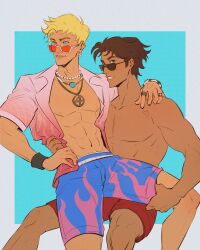 2boys absurdres blonde_hair blue_eyes brown_hair fantastic_four highres johnny_storm male_focus marvel marvel_rivals multiple_boys muscular muscular_male peter_parker shirt short_hair smile spider-man_(series) sunglasses underscorecip yaoi