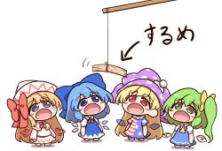 4girls american_flag american_flag_dress american_flag_legwear american_flag_print ascot blonde_hair blue_bow blue_dress blue_eyes blue_hair blush blush_stickers bow cirno clownpiece daiyousei detached_wings dress fairy fairy_wings flag_print green_hair hair_bow hat highres ice ice_wings jester_cap lily_white long_hair long_sleeves multiple_girls neck_ruff open_mouth polka_dot polka_dot_headwear purple_hat red_bow ribbon shitacemayo short_hair side_ponytail simple_background standing star_(symbol) star_print striped_clothes striped_dress touhou translation_request transparent_wings white_background white_dress white_hat wings yellow_ascot