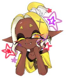 1girl 4xb_3s2 blonde_hair colored_eyelashes dark-skinned_female dark_skin fangs frye_(splatoon) frye_(splatoon_raiders) highres inkling jewelry nintendo one_eye_closed pointy_ears short_eyebrows smile solo splatoon_(series) splatoon_raiders tentacle_hair yellow_eyes