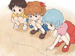 1boy 2girls aged_down ant ayanami_rei blue_hair blush_stickers brown_hair bug child highres ikari_shinji insect kneeling kura_rart long_hair multiple_girls neon_genesis_evangelion orange_hair pointing shoes short_hair socks souryuu_asuka_langley
