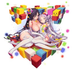 2girls ass bare_shoulders black_hair breasts choker cleavage cube destiny_child elbow_gloves gloves hair_ornament hand_on_thigh holding large_breasts long_hair looking_at_viewer moa_(destiny_child) mole mole_under_eye multiple_girls paint_stains purple_eyes purple_hair rubik&#039;s_cube sitting small_breasts thighhighs transparent_background twintails white_legwear