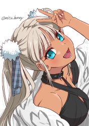 1girl blue_eyes brown_hair choker dark-skinned_female dark_skin eyelashes hair_ornament highres hikari_(mitsu_honey) long_hair looking_at_viewer nijisanji open_mouth pom_pom_(clothes) pom_pom_hair_ornament simple_background solo tan todoroki_kyouko todoroki_kyouko_(5th_costume) upper_body v white_background