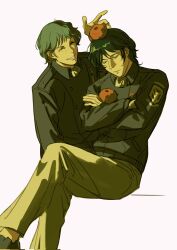 Rule 34 | 2boys, ^ ^, arm up, ascot, black jacket, black shoes, blue hair, brown pants, buttons, chinese commentary, closed eyes, collared jacket, commentary request, crossed arms, crossed legs, dusty attenborough, erhuazi917, food, food on head, foot out of frame, freckles, fruit, fruit on head, ginga eiyuu densetsu, green hair, grin, hair between eyes, hand on own arm, highres, holding, holding food, holding fruit, insignia, jacket, long sleeves, male focus, military jacket, military uniform, multiple boys, object on head, orange (fruit), pants, patch, shoes, short hair, shoulder boards, shoulder patch, simple background, sitting, smile, teeth, white ascot, white background, wing collar, yang wen-li