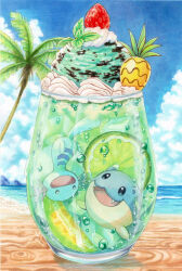 animal_focus beach commentary_request cup drink food food_focus fruit garnish gen_2_pokemon gen_3_pokemon highres ice_cream ice_cream_float in_container in_cup leaf marker_(medium) mint_chocolate nintendo outdoors palm_tree pokemon pokemon_(creature) spheal strawberry sweets traditional_media tree whipped_cream wooper yuka_(yukaaaaaaa0705)