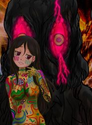 1girl alien bodypaint bodystocking breasts eyeshadow fire fujinomiya_miki giant giant_monster glowing glowing_eyes godzilla_(series) godzilla_vs._hedorah hedorah highres hippie kaiju long_hair makeup monster nude red_eyes shinn_fasuru slime_(creature) space_monster