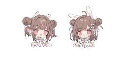 2girls ahoge animal_ears artist_name bare_shoulders blunt_bangs bow bowtie brown_hair cat_ears chibi clenched_hands collar collared_shirt cropped_torso detached_collar double_bun double_v dress eyelashes frilled_wrist_cuffs frills hair_bow hair_bun hair_ornament hairclip happy high_collar icng72 light_blush loose_hair_strand medium_hair multicolored_hair multiple_girls multiple_hair_bows open_mouth original paw_pose pink_eyes pink_hair rabbit_ears shirt short_hair short_twintails simple_background smile strapless strapless_dress streaked_hair twintails v white_background white_bow white_bowtie white_collar white_dress white_shirt white_wrist_cuffs wrist_cuffs