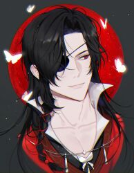 1boy bigmac582 bishounen black_hair braid bug butterfly chinese_clothes closed_mouth collarbone eyepatch glowing_butterfly hanfu highres hua_cheng insect jewelry light_particles long_hair looking_to_the_side male_focus moon necklace one_eye_covered portrait red_eyes red_hanfu red_moon side_braid single_braid smile solo tianguan_cifu upper_body white_butterfly