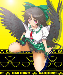 1girl :3 :p ahoge bare_legs barefoot between_breasts bird_wings black_wings bow bow_panties breasts brown_hair cape caution clothes_lift collared_shirt covered_erect_nipples feathered_wings female_focus frilled_shirt frilled_shirt_collar frilled_skirt frills from_above full_body green_bow green_panties green_skirt hair_bow lifting_own_clothes long_hair looking_at_viewer looking_up nakamura_3sou panties puffy_short_sleeves puffy_sleeves radiation_symbol red_eyes reiuji_utsuho shirt short_sleeves sitting skirt skirt_lift smile solo third_eye tongue tongue_out touhou underwear wariza white_cape white_shirt wing_collar wings