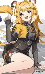 1girl :d absurdres animal_ears arm_support artist_name black_gloves black_shorts blonde_hair chain chinese_text claw_pose collared_shirt commentary_request cropped_jacket dated elbow_gloves fang feet_out_of_frame fingerless_gloves gloves green_eyes hand_up highres jacket ju_fufu long_hair looking_at_viewer multicolored_hair open_mouth shirt short_sleeves shorts sitting skin_fang smile solo tail tiger_ears tiger_tail very_long_hair wangqi white_hair zenless_zone_zero