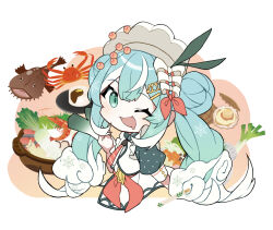 1girl aburi_iwashi aqua_eyes aqua_hair aqua_sleeves bow bowtie chibi chopsticks commentary cooking_pot crab crab_hair_ornament daikon double_bun drooling fish_(food) food food-themed_hair_ornament frilled_shirt frills green_ribbon hair_bun hair_ornament hair_ribbon hairclip hatsune_miku holding holding_food holding_spring_onion holding_vegetable ikura_(food) long_hair looking_at_viewer monkfish mouth_drool mushroom nabe necktie one_eye_closed open_mouth pink_bow pink_bowtie pink_necktie pink_ribbon polka_dot_sleeves radish ribbon scallop shell shirt short_necktie short_sleeves shrimp smile snow_crab snowflake_print solo spring_onion vegetable very_long_hair vocaloid wavy_hair white_hair white_headwear white_ribbon yuki_miku yuki_miku_(2024)_(candidate_no.6)