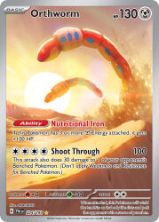 Rule 34 | animal focus, artist name, card (medium), character name, closed mouth, company name, copyright name, copyright notice, english text, from side, midair, nintendo, no humans, official art, okacheke, orthworm, pokemon, pokemon (creature), pokemon card, pokemon focus, pokemon tcg, sand, sky, sun, third-party source, trading card