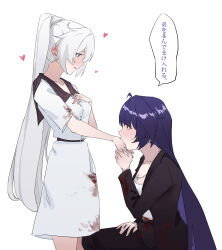 2girls absurdres black_jacket black_pants black_sailor_collar blood blood_on_clothes blue_eyes blush commentary dress heart hetare_mizu highres holding_hands honkai_(series) honkai_impact_3rd jacket jewelry kiana_kaslana kiss kissing_hand long_hair multiple_girls necklace pants parted_lips ponytail purple_eyes purple_hair raiden_mei sailor_collar shirt simple_background speech_bubble thighhighs white_background white_dress white_hair white_shirt yuri