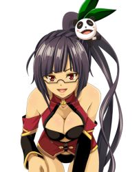 1girl arc_system_works bad_id bad_pixiv_id bare_shoulders basuchian black_hair black_panties blazblue blazblue:_calamity_trigger bra breasts cleavage detached_sleeves glasses lao_jiu large_breasts litchi_faye_ling long_hair no_pants panda panties ponytail red_eyes underwear very_long_hair white_background