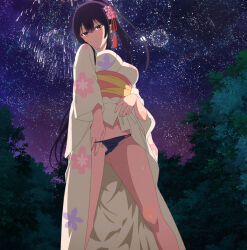 Rule 34 | 1girl, absurdres, anime screenshot, bare legs, black panties, breasts, closed mouth, clothes lift, feet out of frame, female focus, fireworks, floral print, floral print kimono, flower, hair flower, hair ornament, hair ribbon, haite kudasai takamine-san, high ponytail, highres, japanese clothes, kimono, kimono lift, large breasts, lifting own clothes, long hair, long sleeves, outdoors, panties, panty pull, ponytail, print kimono, pulling own clothes, purple hair, red eyes, red ribbon, ribbon, sidelocks, sky, solo, standing, star (sky), starry sky, stitched, takamine takane, thighs, third-party edit, underwear, very long hair, white kimono, yukata