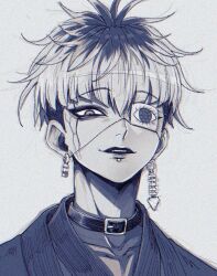 1boy black_choker chamuchai chin_piercing choker collarbone cracked_skin earrings eye_print eyepatch face_piercing greyscale jewelry looking_at_viewer male_focus monochrome omokage_yugamu piercing portrait print_eyepatch short_hair sketch solo the_hundred_line_-last_defense_academy-