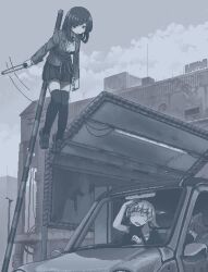 3girls blazer blue_theme boom_barrier breasts building car comedic_sweatdrop dithering driving expressionless hamsterfragment hand_up hanging holding jacket jaggy_lines lamppost lapels long_sleeves medium_hair miniskirt monochrome motion_lines motor_vehicle multiple_girls notched_lapels open_mouth original outdoors pleated_skirt road_sign rope sanpaku school_uniform shading_eyes shirt short_sleeves sign sitting skirt suicidal_girl_(hamsterfragment) thighhighs traffic_baton waving_arm zettai_ryouiki