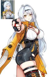 1girl ass black_gloves black_shorts breasts cleavage closed_mouth commentary cowboy_shot fingerless_gloves foxyreine game_screenshot_inset gloves hair_ornament high-waist_shorts highres jacket jojo_no_kimyou_na_bouken jojo_pose kujo_jotaro&#039;s_pose_(jojo) large_breasts long_hair looking_at_viewer mole mole_on_breast open_clothes open_jacket orange_eyes orange_jacket pointing pointing_at_viewer pose_imitation shirt shirt_tucked_in shorts signature simple_background skindentation solo stardust_crusaders thigh_strap thighs white_background white_hair white_shirt yi_xuan_(zenless_zone_zero) zenless_zone_zero