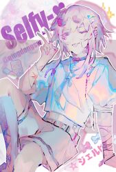 1boy bandages bandaid belt boots bracelet choker chouzetsusaikawa_tenshi-chan english_text engrish_text eyewear_on_head genderswap genderswap_(ftm) highres jewelry knee_up looking_at_viewer male_focus needy_girl_overdose one_eye_closed qingdongsw ranguage ring self-harm shirt short_sleeves shorts sitting solo sunglasses v white_hair wrist_cutting