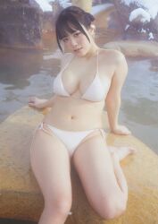 1girl bikini black_hair breasts cleavage collarbone hair_bun head_tilt japanese_(nationality) large_breasts looking_at_viewer navel onsen outdoors photo_(medium) real_life shinonome_umi short_hair sitting snow swimsuit water white_bikini