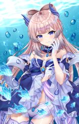 Rule 34 | 1girl, absurdres, blunt bangs, blush, bow shaped hair, breasts, bubble, closed mouth, detached collar, detached sleeves, genshin impact, gloves, highres, horns, hydro symbol (genshin impact), long hair, long sleeves, looking at viewer, medium breasts, nontraditional miko, pink hair, purple eyes, sangonomiya kokomi, short shorts, shorts, smile, solo, underwater, vision (genshin impact), white gloves, white shorts, whitepoplartree, wide sleeves
