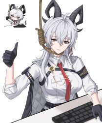 1girl armband black_armband black_gloves black_horns black_jacket breasts chest_harness closed_mouth collared_shirt commentary computer_keyboard curled_horns earrings english_commentary gloves grey_hair hair_between_eyes harness highres horns jacket jacket_on_shoulders jewelry key_earrings large_breasts long_hair looking_at_viewer luckplz necktie noose red_eyes red_necktie reference_inset shirt simple_background smile solo thumbs_up white_background white_shirt wuthering_waves zani_(wuthering_waves)