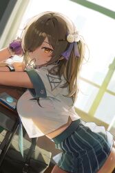 1girl absurdres black_skirt blance breasts brown_eyes brown_hair classroom commentary_request dark-skinned_female dark_skin goddess_of_victory:_nikke hair_ornament hair_over_one_eye highres indoors large_breasts looking_at_viewer midriff mouth_hold naga_(nikke) one_side_up pleated_skirt pom_pom_(clothes) pom_pom_hair_ornament see-through_clothes see-through_shirt shirt skirt smile solo white_shirt