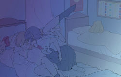 2girls absurdres blonde_hair bound bound_wrists breasts daiba_nana glasses highres hoshimi_junna implied_sex linqihang999 messy_hair multiple_girls on_bed pleated_skirt ponytail purple_hair school_uniform shoujo_kageki_revue_starlight skirt socks yuri