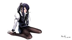 1girl absurdres black_pantyhose cigarette collared_shirt commentary dated english_commentary full_body highres jill_stingray long_hair long_sidelocks long_sleeves looking_at_viewer necktie pantyhose purple_hair purple_skirt purple_vest red_eyes red_necktie rnna shirt sidelocks signature simple_background sitting skirt smoking solo twintails va-11_hall-a very_long_hair vest wariza white_background white_shirt