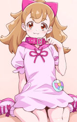 1girl :3 animal_collar arm_behind_back boots bow brown_hair closed_mouth collar commentary drawstring dress fang hair_bow highres hood hood_down hooded_dress inukai_komugi kazuma_muramasa looking_at_viewer medium_hair pink_boots pink_collar pink_dress pink_shoes pouch precure red_eyes shoes short_dress short_sleeves sitting smile solo split_ponytail wariza wonderful_precure!