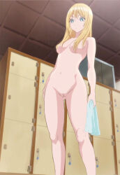 1girl anime_screenshot blonde_hair breasts collarbone decensored dot_nose female_focus green_eyes highres kyou_no_asuka_show kyouno_asuka legs locker long_hair looking_down medium_breasts midriff navel nude nude_filter pussy solo solo_focus stomach thighs thighs_focus third-party_edit towel uncensored