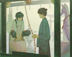 1boy 1other androgynous between_legs black_hair black_hakama blue_kimono braid braided_ponytail buyaozaoqi fate/grand_order fate/samurai_remnant fate_(series) fox_statue hakama hand_between_legs highres holding holding_sword holding_weapon japanese_clothes jewelry katana kimono looking_at_another miyamoto_iori_(fate) necklace orange_eyes shirt shrine shrine_bell sidelocks single_braid squatting sword topknot torii weapon white_kimono yamato_takeru_(fate)