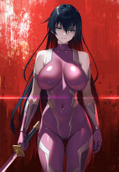 1girl bare_shoulders blue_eyes bodysuit breasts cropped_legs curvy fishnets gloves green_eyes heterochromia holding holding_sword holding_weapon igawa_asagi impossible_bodysuit impossible_clothes katana large_breasts long_hair looking_at_viewer red_background shiny_clothes shiny_skin skin_tight solo standing sword taimanin_(series) taimanin_asagi taimanin_suit taimanun weapon wide_hips