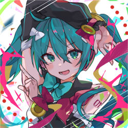 arm_over_head bare_shoulders black_sleeves blue_eyes blue_hair bow detached_sleeves hair_ornament hatsune_miku headphones highres koutya_cat long_hair looking_at_viewer number_tattoo open_mouth simple_background smile tattoo twintails very_long_hair vocaloid