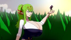 2girls bracelet breasts cleavage female_focus female_shez_(fire_emblem) fire_emblem fire_emblem:_three_houses fire_emblem_warriors:_three_hopes full_body giant giantess green_eyes green_hair hair_over_one_eye highres huge_breasts jewelry long_hair matching_hair/eyes multiple_girls nintendo pointy_ears ponytail purple_hair tiki_(adult)_(fire_emblem) tiki_(fire_emblem) tree ydbunny
