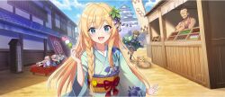 Rule 34 | 2boys, 2girls, :d, ahoge, aqua (konosuba), arakuremono (konosuba), architecture, blonde hair, blue eyes, blue hair, blue kimono, blue sky, braid, chasing, cloud, cloudy sky, collarbone, dango, day, dog, east asian architecture, edo jidai, floral print, floral print kimono, food, food-themed hair ornament, food stand, game cg, grape hair ornament, hair ornament, hair rings, hand up, highres, holding, holding food, iris (konosuba), japanese clothes, kimono, kono subarashii sekai ni shukufuku wo!, konosuba! fantastic days, long hair, looking at viewer, lying, multiple boys, multiple girls, obi, obiage, obidome, obijime, official alternate costume, official art, on bench, on side, open mouth, orange sash, outdoors, pentagon (shape), pink kimono, print kimono, sandals, sanshoku dango, sash, satou kazuma, shade, shiba inu, side braid, sidelocks, single hair ring, sky, sleeping, smile, solo focus, sparkle, sunlight, wagashi, zouri