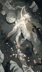 1girl 3pel1 absurdres arknights bare_arms bare_shoulders blonde_hair blue_hair closed_eyes colored_extremities commentary_request commission dragon_girl dragon_horns dragon_tail falling_petals flower full_body grey_hair hagoromo hair_between_eyes highres horns jewelry long_hair multicolored_hair necklace no_jacket outdoors outstretched_arms petals pointy_ears ripples rock shawl shu_(arknights) smile solo spread_arms standing strapless tail too_many_watermarks tube_top very_long_hair water watermark white_flower white_shawl white_tube_top wind