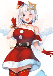Rule 34 | 1girl, ;d, absurdres, alternate breast size, alternate costume, amane kanata, angel, angel wings, bare shoulders, bell, belt, black belt, blue eyes, blue hair, blush, bob cut, breasts, choker, colored inner hair, commentary, dress, foot out of frame, fur-trimmed dress, fur trim, gloves, grey hair, hair between eyes, halo, hat, highres, hololive, jumping, large breasts, looking at viewer, multicolored eyes, multicolored hair, neck bell, off-shoulder dress, off shoulder, one eye closed, open mouth, pink hair, purple eyes, red choker, red dress, red gloves, red hat, red thighhighs, santa costume, santa dress, santa hat, short hair, simple background, single hair intake, smile, snowflake background, solo, star halo, streaked hair, thighhighs, tilted headwear, tonarikeru, virtual youtuber, white background, wings, zettai ryouiki