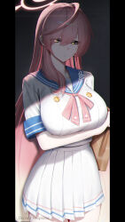 1girl absurdres ahoge blue_archive blue_sailor_collar breasts closed_mouth cowboy_shot green_eyes grey_background halo hanako_(blue_archive) highres huge_ahoge huge_breasts ikasamahideo looking_at_viewer pink_halo pleated_skirt sailor_collar shaded_face shirt signature skirt solo standing white_shirt white_skirt