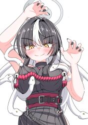1girl absurdres arm_up azami_(blue_archive) bare_arms bell black_hair black_nails blue_archive blush breasts chilong_(heronas) closed_mouth fingernails grey_halo halo hand_up highres jingle_bell large_breasts long_fingernails multicolored_hair smile snake snake_hair solo two-tone_hair upper_body white_hair yellow_eyes