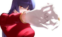 Rule 34 | 1girl, blunt bangs, blurry, blurry foreground, breasts, commentary request, covered mouth, gloves, highres, hizuki akira, interlocked fingers, jacket, long hair, looking at viewer, medium breasts, nintendo, own hands together, parted bangs, pokemon, pokemon frlg, purple hair, red eyes, red jacket, sabrina (pokemon), simple background, solo, straight hair, stretching, turtleneck, turtleneck jacket, upper body, white background, white gloves