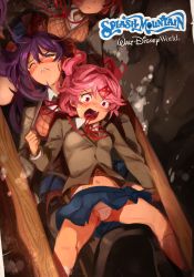 3girls :c absurdres blush bow breasts cameltoe clothes_lift crotch_seam crying crying_with_eyes_open disney doki_doki_literature_club fang gluteal_fold hair_ornament hair_ribbon highres khyle. long_hair medium_breasts midriff multiple_girls natsuki_(doki_doki_literature_club) navel open_mouth panties pantyshot pink_hair purple_hair red_bow red_eyes red_ribbon remote_control_vibrator ribbon sayori_(doki_doki_literature_club) sex_toy short_hair skirt skirt_lift small_breasts socks tears two_side_up underwear upskirt vibrator vibrator_cord white_socks wind wind_lift x_hair_ornament yuri_(doki_doki_literature_club)