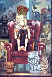 1girl absurdres ahoge ancient_egyptian armchair armor barefoot blonde_hair capri_pants chair crown doguu feet feet_on_chair feet_together female_focus fine_art_parody green_eyes hand_on_own_knee hello_kitty hello_kitty_to_issho! highres japanese_armor kuroboshi_kouhaku legs nemes nihonga official_art pants parody randou_rin red_upholstery sanrio sculpture sitting smile soles solo statue toes ukiyo-e