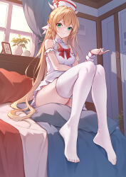 1girl absurdres alternate_costume armband azur_lane bare_shoulders bed bed_sheet blonde_hair bow braid breasts commentary_request curtains day desk dress dress_bow feet frilled_armband frilled_wrist_cuffs frills green_eyes hair_between_eyes halter_dress halterneck hand_up hat highres horns horns_through_headwear indoors knees_up kongou_(azur_lane) long_hair looking_at_viewer medium_breasts negi_kome on_bed picture_frame pillow plant potted_plant red_bow side_braid sitting smile solo thighhighs thighs toes vase very_long_hair white_dress white_hat white_thighhighs white_wrist_cuffs window wrist_cuffs