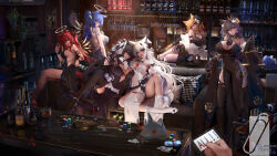6+girls absolut_vodka absurdres alcohol animal_ears arknights arm_around_neck bar_(place) beer beer_bottle black_flower black_hair black_thighhighs blonde_hair blue_eyes blue_flower blue_hair book bottle breasts brown_eyes card character_request cleavage couch cup dartboard dormitory_director drinking_glass earrings exusiai_(arknights) flower flower_in_hat footwear_flower gloves grey_eyes hair_flower hair_ornament halo hanging_plant hat hat_flower highres holding holding_cup jewelry kfc lappland_(arknights) mini_hat mostima_(arknights) multiple_girls open_mouth penance_(arknights) pillow playing_card poker_chip red_flower red_hair smile texas_(arknights) thighhighs vodka weighing_scale white_flower white_hair wine wine_bottle wine_glass yellow_eyes