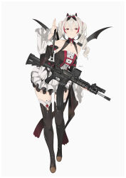 1girl absurdres boots breasts detached_sleeves dress drill_hair frilled_dress frilled_sleeves frills grey_hair hair_ornament highres holding holding_weapon horns long_hair looking_to_the_side original red_eyes small_breasts solo standing sutekina_awa thigh_boots thigh_gap twin_drills weapon white_background wings