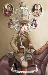 Rule 34 | 1girl, army, belt, boots, breasts, brown boots, brown gloves, brown hair, brown jacket, brown pants, dress shirt, from side, gloves, green eyes, hair bun, hat, highres, holding, holding sword, holding weapon, holster, horse, jacket, katyusha (98269886), leather, leather belt, leather boots, leather gloves, load bearing equipment, long sleeves, medium breasts, military, military uniform, pants, peaked cap, queen victoria, riding, saber (weapon), serious, shirt, short hair, solo, sword, union jack, united kingdom, weapon, white shirt, world war i